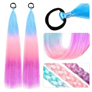 Ponytail Extension with Tie, Colored Hair Extensions, Festival Crazy Hair Day Accessories, 25 inch Shimmer Tinsel Ponytail Colorful 2 Packs, Ombre Blue to Pink to Purple