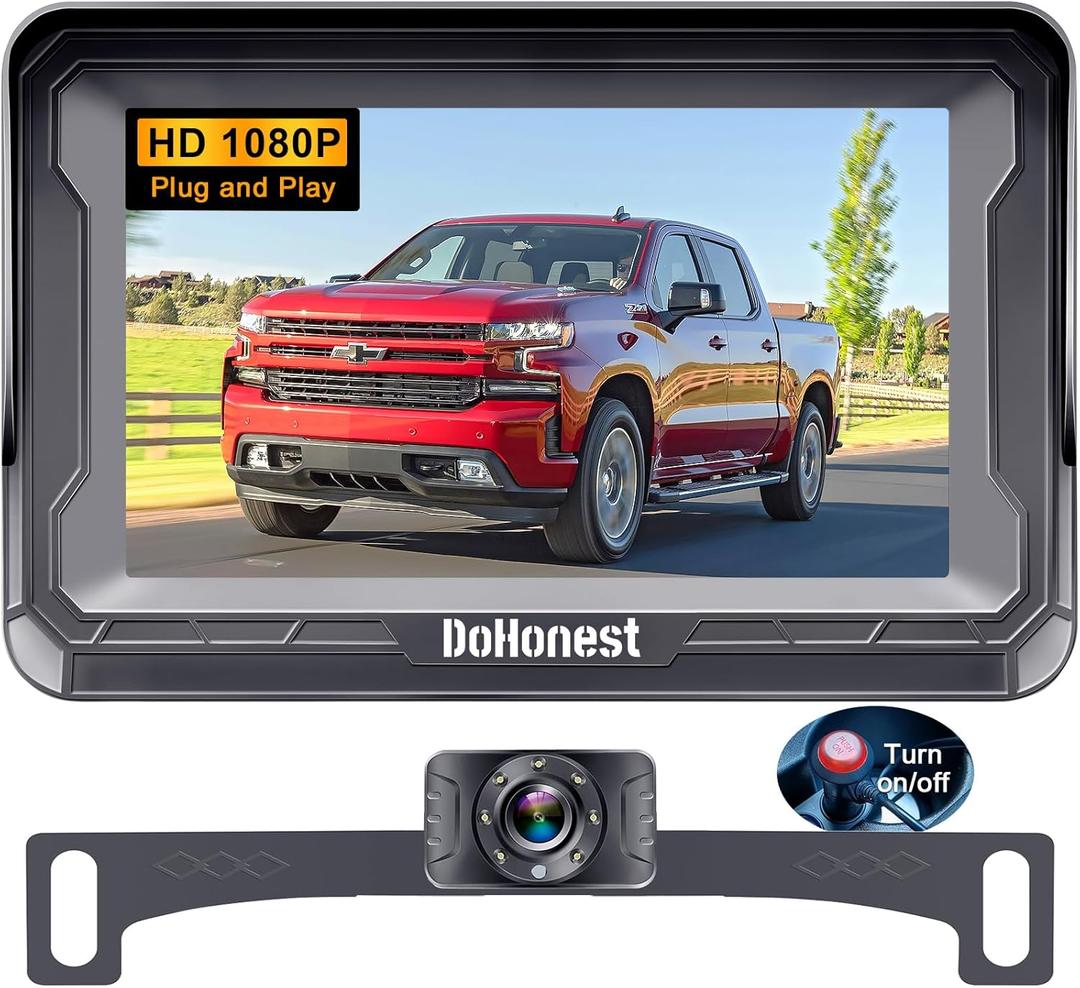 DoHonest Backup Camera and Monitor Kit HD 720P Easy Installation for Car/Suv/Pickup/Truck/Van/RV/Trailer Single Power Rear View System Driving/Reversing Use IP68 Waterproof Night Vision