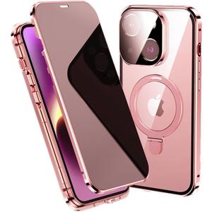 Anti-Peeping Case for iPhone 15 Plus Case Magnetic Ring Stand Compatible with Magsafe Wireless Charging Privacy Screen Camera Lens Protector 360 Full Body Protection (15Plus, Pink)
