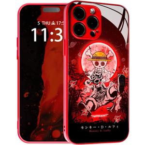 Japanese Anime Anti-Drop Color Soft Silicone Protective Shell Manga Pattern Tempered Glass Covers Multicolor Phone Cases (Red, Gear 5 Nika JoyBoy, for iPhone 14)