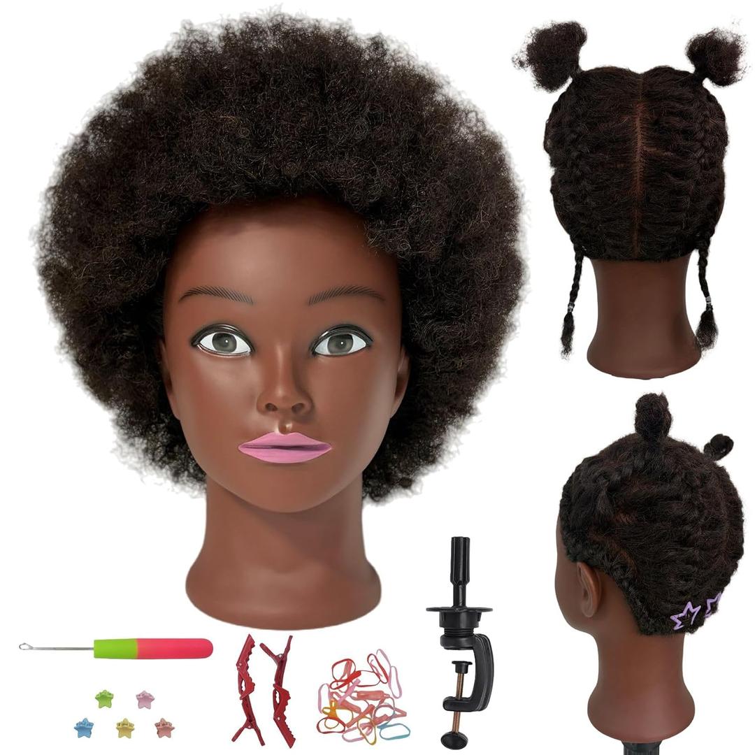 100% Human Hair Afro Curly Black Mannequin Head for Braiding, Cosmetology Training Mannequin Head with Stand for Hair Styling,B Black