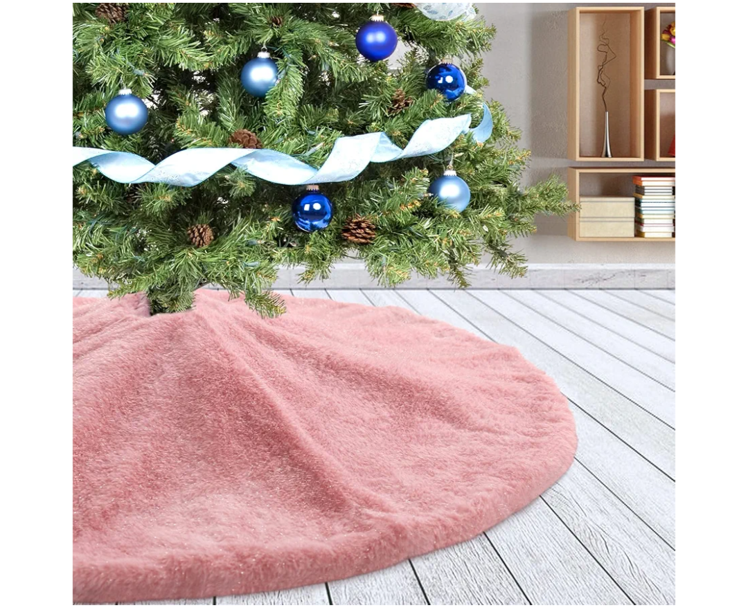 Christmas Tree Skirt 36 inch Pink Faux Fur Soft Fluffy Ornaments Xmas Tree Skirts for Xmas Tree Ornaments and Party Holiday Decorations
