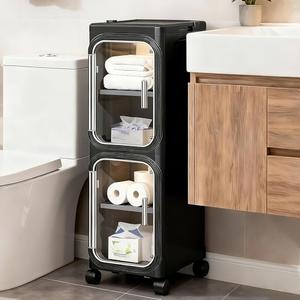 Lifelongpal 2-Tier Slim Narrow Storage Cabinet with Adjustable Shelves and Movable Wheels, Anti-Tip, Bathroom Storage and Organizers for Small Space, Bathroom, Kitchen, Laundry, Black