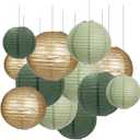 GAKA Green Gold Paper Lanterns Decorative,12pcs,4 inch 6 inch 8 inch 10 inch Round Paper Hanging Decorations,Chinese Lanterns Lamps for Wedding Birthday Home Classroom Party Decoration