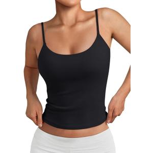 Trendy Queen Double Lined Adjustable Spaghetti Strap Tank Top for Women Cute Summer Basic Crop Top for Teen Workout Going Out (Medium, Black)
