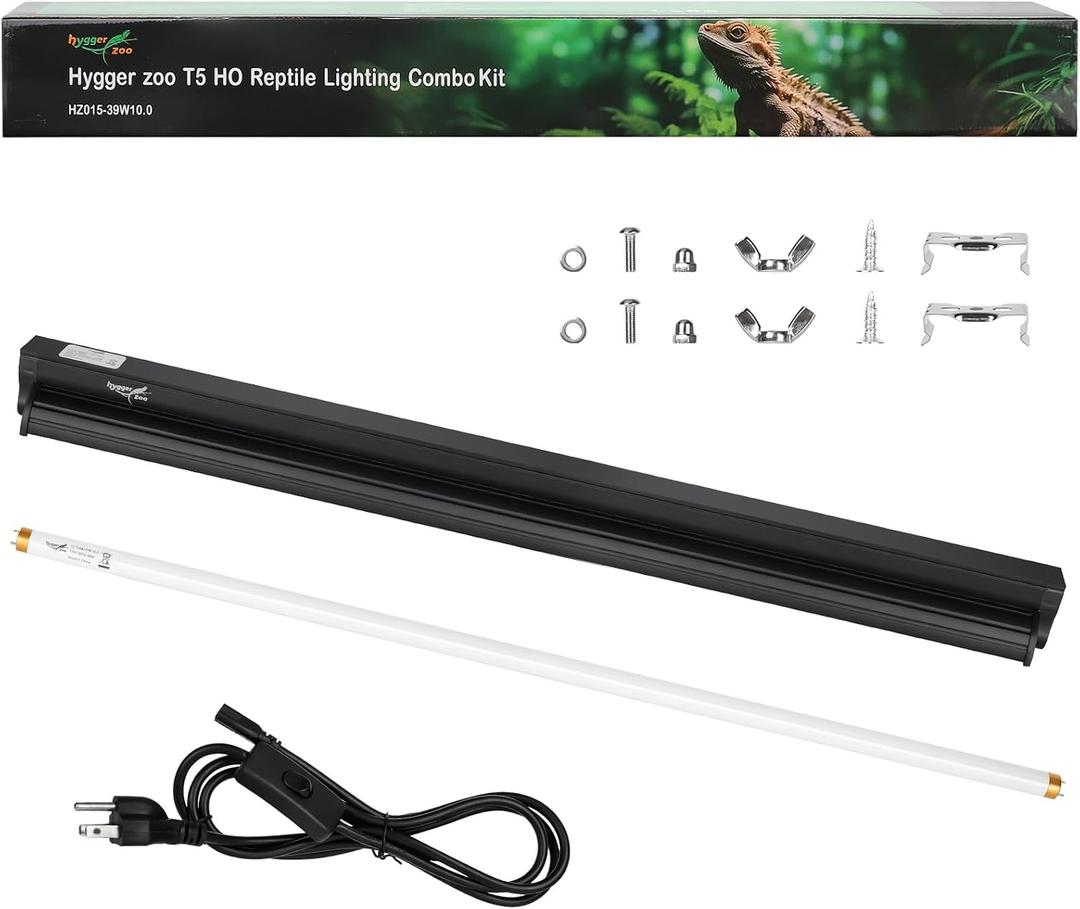 T5 UVB Reptile Light Fixture HO UVB Bulb Lighting Combo Kit, 10.0 UVB Light for Reptiles Terrarium Hood with 39W Reptile Light Bar UVA UVB Desert Lamp for Bearded Dragon Turtle Tank, 34Inch
