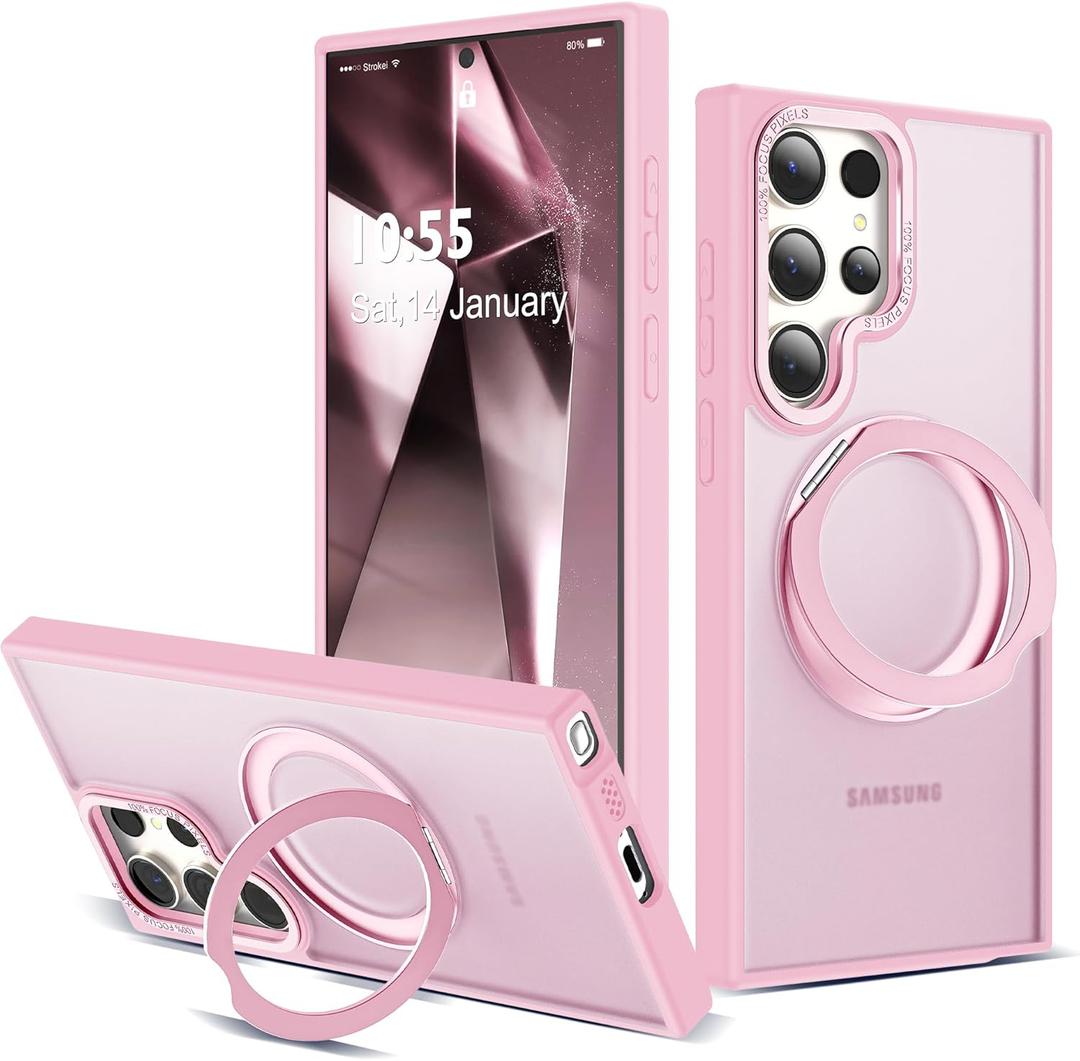 Compatible with Samsung Galaxy S22 & S23 Ultra Case with 360Rotatable Magnetic Ring Stand Compatible with Mag-Safe Military Protection Shockproof Translucent Phone Case, Pink