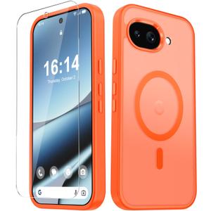 for Google Pixel 10a Case, Matte Magnetic Phone Cover [with 1 Screen Protector] [Support for MagSafe] [Shockproof Military Grade Protection] Translucent Frosted Back, Orange