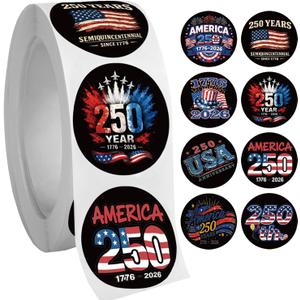 500 Pcs USA 250th Anniversary Independence Day Sticker Roll for 2026 4th of July Party Decorative Stickers 1 Inch 8 Styles 250th Patriotic Design Self-Adhesive American Flag for Party Gift Decor