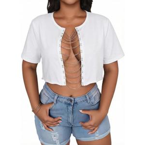 Hilinker Women's Sexy Graphic Crop Tops Summer Cut Out Chain Shirts Short Sleeve Cropped Tee (Medium, White)