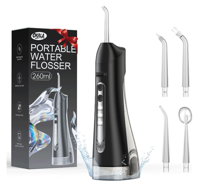 OKALA Water Flosser, Water Dental Flosser Pick for Teeth, IPX7 Waterproof Oral Irrigator, 3 Modes 4 Replaceable Jet Tips, Professional Flossing Cleaning Picks for Home Travel Gums, Braces Care (Black)