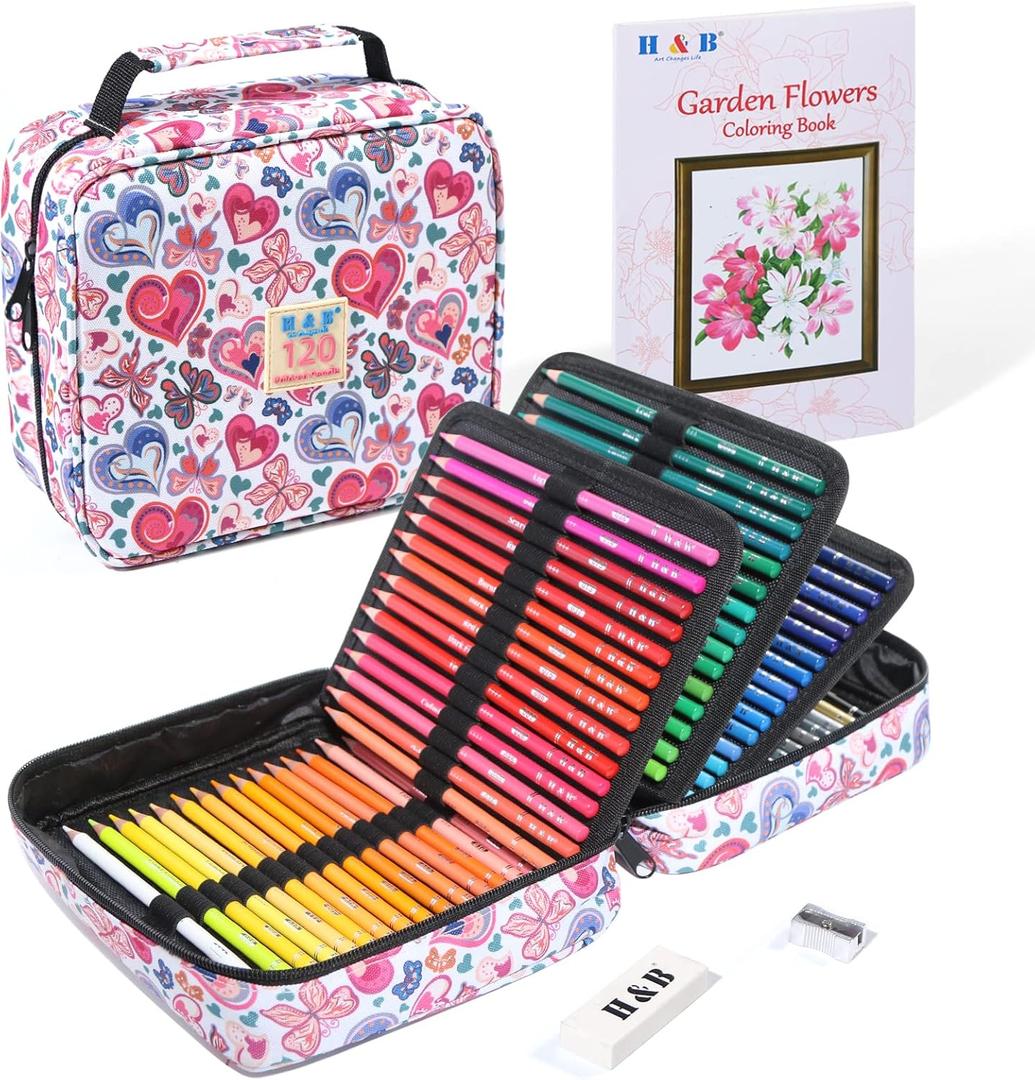 H & B 120 Colored Soft-core Coloring Pencils Set, Coloring Book and Portable Storage Bag for Painting, Art Supplies Gift for Artists Adult Children Beginners