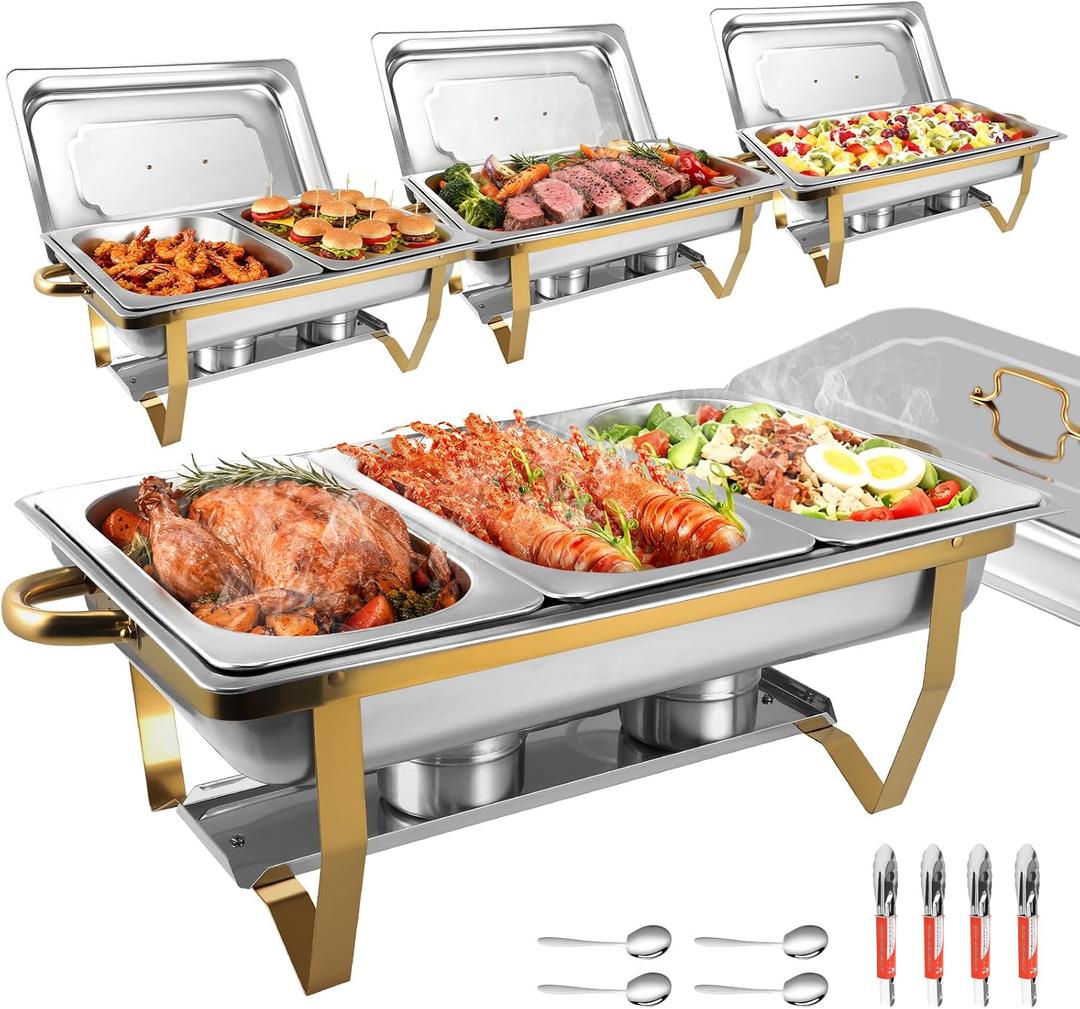 Chafing Dishes for Buffet 4 Pack, 8Qt [Multi-Size Food Pans] High Grade Chafing Dish Buffet Set Rolled-Edge Stacking Design [Easy Storage] Buffet Servers Food Warmers for Parties, Events & Weddings