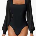 Avidlove Women Puff Long Sleeve Bodysuit Mesh Square Neck Thong Sexy Body Suits Double Lined Leotards Size S