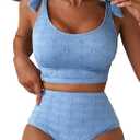 Herseas Womens High Waisted Bikini Set Seashell Textured Tie Shoulder Swim Suits Full Coverage Removable Pads 2 Piece Bathing Suit Cute Beach Vacation Essentials for Teens Sky Blue X-Large (Blue, XL)