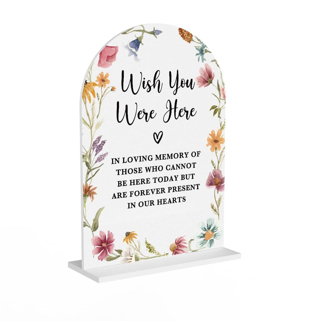 Acrylic Wedding Sign Wish You Were Here Signs for Ceremony Modern Calligraphy Arch Acrylic Table Top Signs for Wedding Reception and Event Party Table Decor (White Wildflowers)