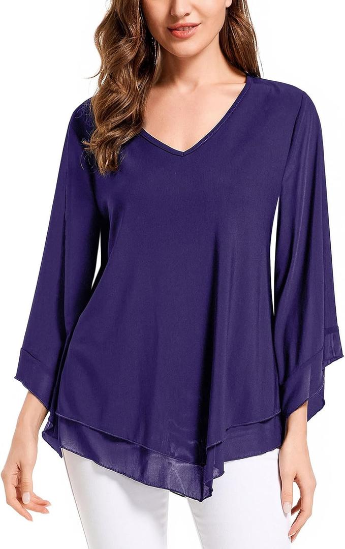 Womens Blouses and Tops Dressy Casual Fashion 3/4 Sleeve Summer Ladies Tunic Tops Loose Fit for Work Party V Neck Mesh Shirt (Large)