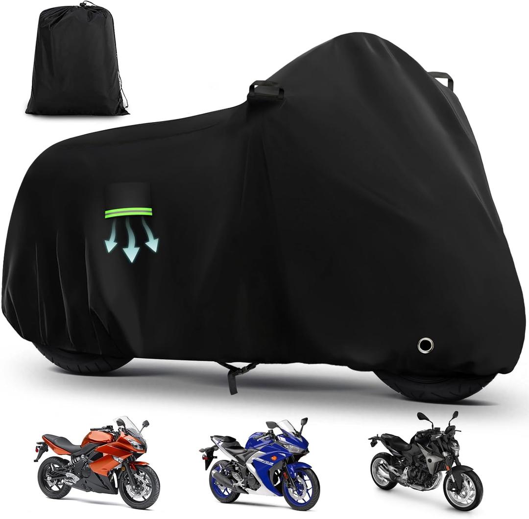 Motorcycle Cover Waterproof for Kawasaki Ninja 250 300 400 500 650/BMW F 900R, Heavy Duty Outdoor Sun UV Rain Dust All Weather Protection Motorbike Cover with Soft Cotton Lining & Lock Hole-Black