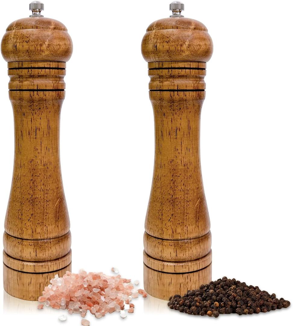 Wooden sea salt and pepper grinding set, Tall Wood Refillable Manual Pepper Grinder Mill Peppermill 8 inches