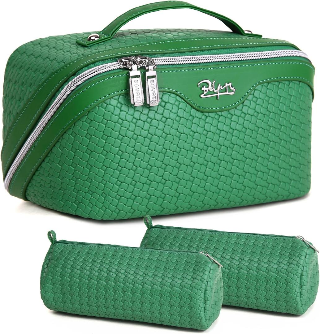 BOYATU Travel Makeup Bags for Women: Large Cosmetic Organizer Bag - Vegan Leather Make up Bag Set of 3 - Protable Toiletry Bags with Compartments (L19 Green) (L19 Green)
