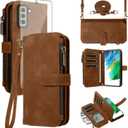 Asuwish Phone Case for Samsung Galaxy S21 FE 5G Zipper Wallet Cell Cover with Tempered Glass Screen Protector Crossbody Strap Flip Credit Card Holder S 21 EF S21FE5G UW S21FE 21S G5 6.4 inch Men Brown