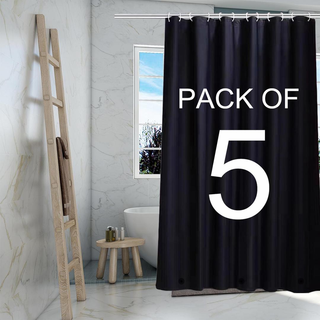 TIKABC Black Shower Curtain Liner 5 Pack, 4G PEVA Shower Liner, Plastic Peva Waterproof Shower Curtains, 72x72 inch with Grommet Holes 3 Magnetic Weights