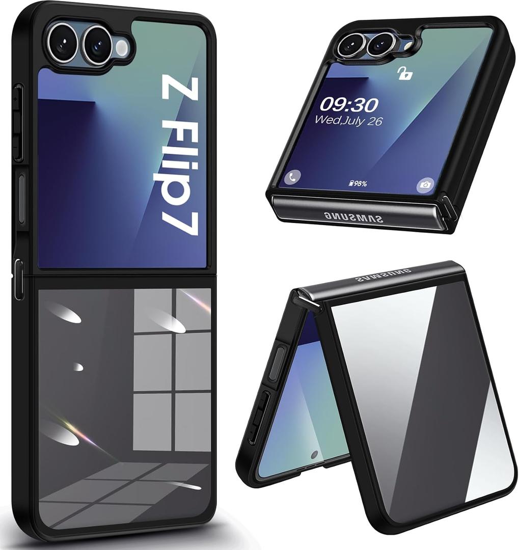 Compatible for Samsung Galaxy Z Flip 7 5G Case, Crystal Clear Slim Cover with Hinge, Hard PC Back and Soft TPU Bumper, Full Body Shockproof Protective Phone Case, Anti-Scratch Transparent Design