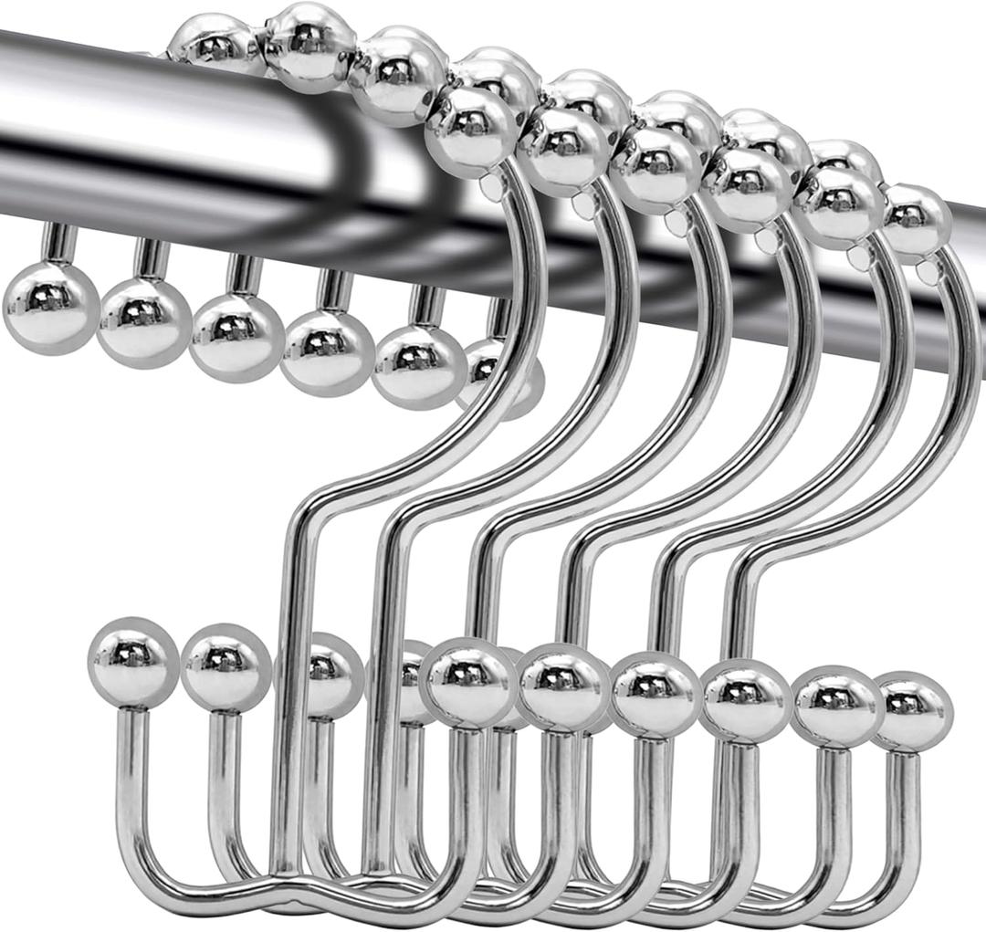 Shower Curtain Hooks,12 Pcs Rustproof Metal Shower Curtain Rings,Free Sliding Double Shower Hooks for Shower Curtain & Liners,Shower Curtain Hangers for Bathroom Shower Curtain Rods Curtains (Silver)