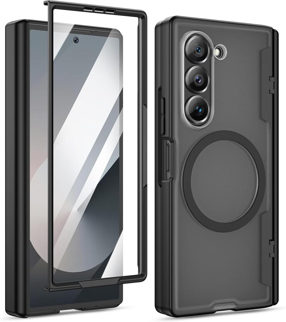 Maxdara for Z Fold 6 Case [Compatible with Magsafe], Hinge Protection and Built-in Screen Protector Magnet Magnetic Translucent Cover for Samsung Galaxy Z Fold 6 (Black)
