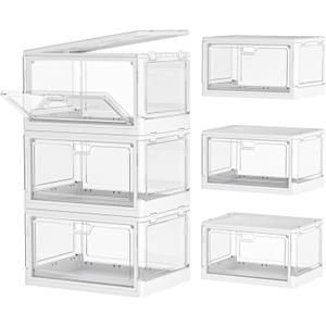 Kmiectse Clear Storage Bin with Lid 3 Pack Stackable & Sturdy Plastic Multifunctional Folding Storage Bins for Bedroom, Living Room, Study,Room, 23 QT Folding Box with Magnetic Door