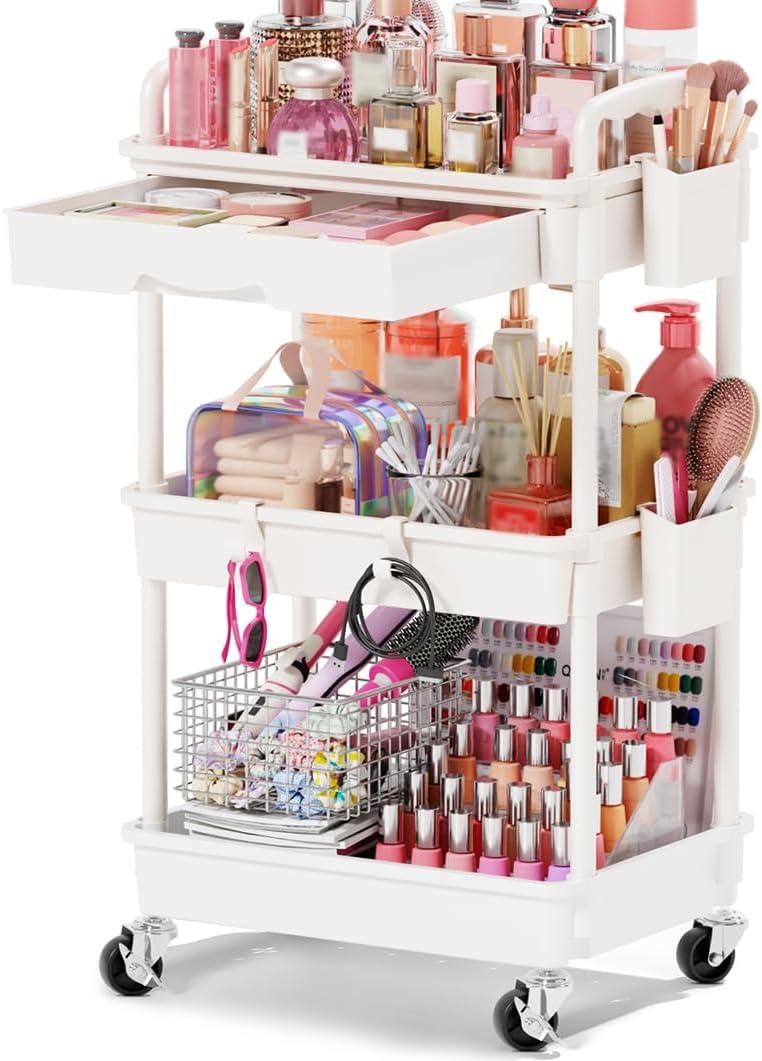 Goovilla Rolling Makeup Organizer Cart with Removable Drawer, 3 Tier Stable White Floor Skincare Storage Cart for Vanity, Cosmetic Display, Nail Polish, Perfume, Hair Stuff, Beauty, Bathroom(Plastic)