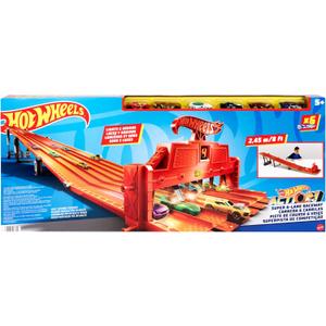 Hot Wheels Toy Car Playset with Lights, Sounds & 6 1:64 Scale Vehicles, Super 6-Lane Raceway, 8-foot Track that Rolls Up for Storage