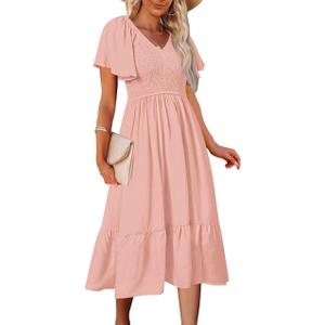 MEROKEETY Women's Summer Casual V Neck Ruffle Sleeve Smocked High Waist Midi Dress with Pockets (Pink, S)