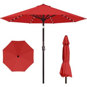 Kingdura 10FT Outdoor Patio Umbrella with Solar Lights, Market Table Umbrella with Push Button Tilt & Crank, 8 Sturdy Ribs, 32 LED Lights, UV Protection for Garden Lawn Deck Backyard Pool (Red)