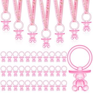 50 Pcs Green Leaf Baby Pacifiers Baby Shower Acrylic Pacifiers Necklace Boy Pacifier Bulk Nipples for Shower Game Ribbon Necklace for Party Favors Prize Decorations(Pink)