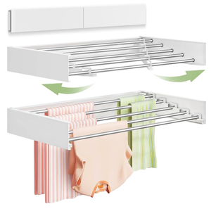 Wall Mounted Clothes Drying Rack 32", Foldable Wall Mount Laundry Rack Folding Indoor, Drying Rack Clothing Collapsible, Hidden Space Saver with Wall Template, 5 Rods, White