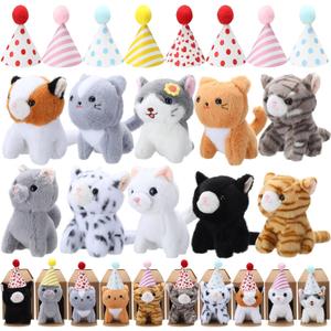 10 Set Kittens Stuffed Animals Bulk with 10 Birthday Hats 10 Kraft Paper Boxes Mini Plush Toys Small Stuffed Cat Pet Gifts for Kids, School Birthday Animal Decor(Cute Style)