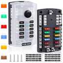 300A 12 Way Blade Fuse Block Fuse Box, ATC/ATO Fuse Holder Panel with LED Indicator & Protection Cover & 24 Fuses & 2 Stickers, for 12V/24V Car Truck Boat Marine