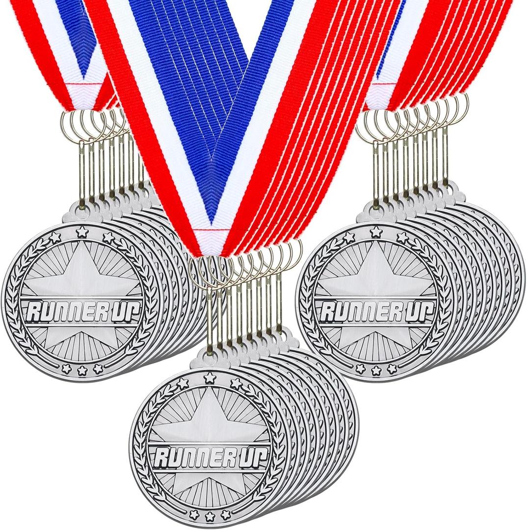 Remuuly 30 Pcs Silver Medals Bulk 2'' Basketball Soccer Volleyball Hockey Medals for Awards Metal Trophy with Neck Ribbons for Sports Participation Winner Tournaments Gift