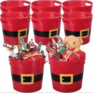 8 Pack Empty Christmas Plastic Buckets with Handles Red Santa Belt Round Basket Multi Purpose Container Christmas Decorations Candy Bars Vase Toy Baskets for Christmas Winter