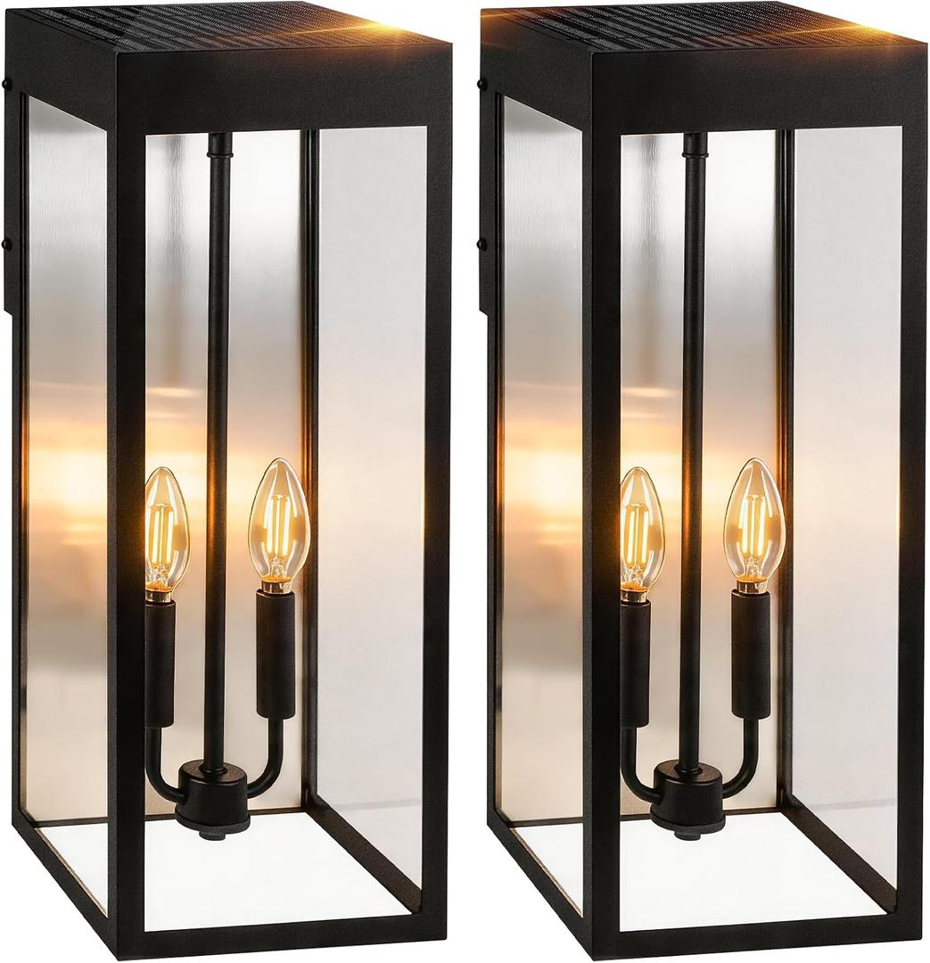 2-Pack 20" Large Outdoor Solar Wall Lights With Dusk to Dawn Sensor, 8000mAh Metal Modern Outside Wall Sconce with Tempered Glass for House, Exterior Porch Lamps Wall Mount,E12 Bulbs Included, 20in