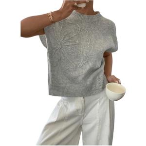 SOLY HUX Women's Short Sleeve Sweater 3D Floral Sweaters Pullover Tank Tops Knit Vest Trendy Fashion Clothing (Gray, L)