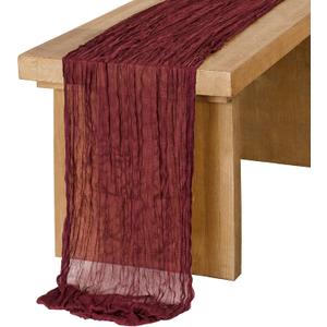 Ling's Moment Dark Red Cheesecloth Table Runner, 120 Inch 10FT Burgundy Boho Gauze Rustic Sheer Maroon Cranberry Cheese Cloth Table Runners for Party Wedding Birthday Outdoor Bridal Shower Decor