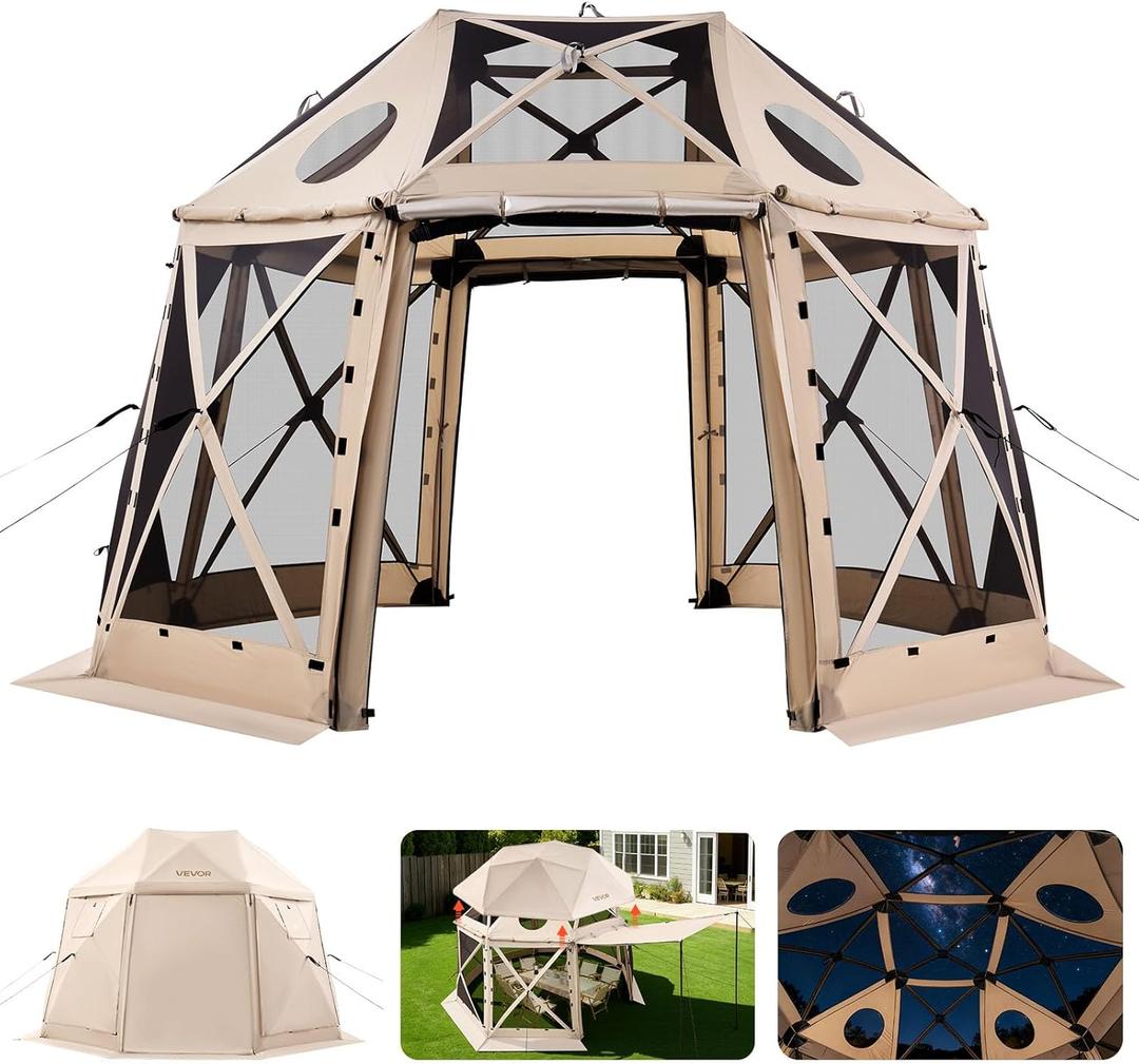 VEVOR Pop Up Gazebo Screen Tent, 12 x 12 ft Large High 13-Sided Camping Canopy Tent with Removable Top & Carry Bag, Quick Set & Bite-Proof Mesh Screen Sun Shelter for 8-10 Persons Backyard Patio