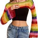 MakeMeChic Women's Rainbow Striped Crochet Shrug Top Bell Sleeve Crop Tops Hollow Out Sweater (Multicolor)