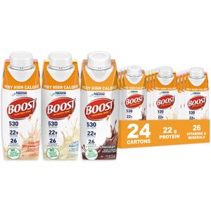 BOOST Very High Calorie Nutritional Drink Helps Weight Gain & Maintenance -530 Calories -26 Vitamins & Minerals - 22 g Protein - Variety Pack - Vanilla, Chocolate & Strawberry - 8 fl oz (Pack of 24), Best Before Date 01/29/2026