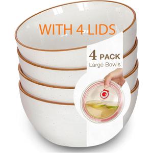 4 Pack Ceramic Bowls with 4 Pack Lids, 28 oz Kitchen Bowl Set for Cereal, Salad, Soup, Pasta, Dessert, Serving, Ramen, Oatmeal, Nut, Dishwasher & Oven & Microwave Safe