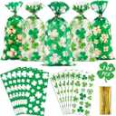QTDS St Patricks Day Goodie Bags, 100 Pcs Clear St Patricks Day Cellophane Treat Bags, Green Shamrock Plastic Party Favor Treat Gift Bag with Ties