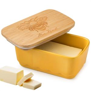 Covered Butter Dish with Lid, Large Butter Dishes for Countertop, Yellow Butter Holder with Airtight Seal Butter Container for East West Coast Butter, HoneyBee Table Decor