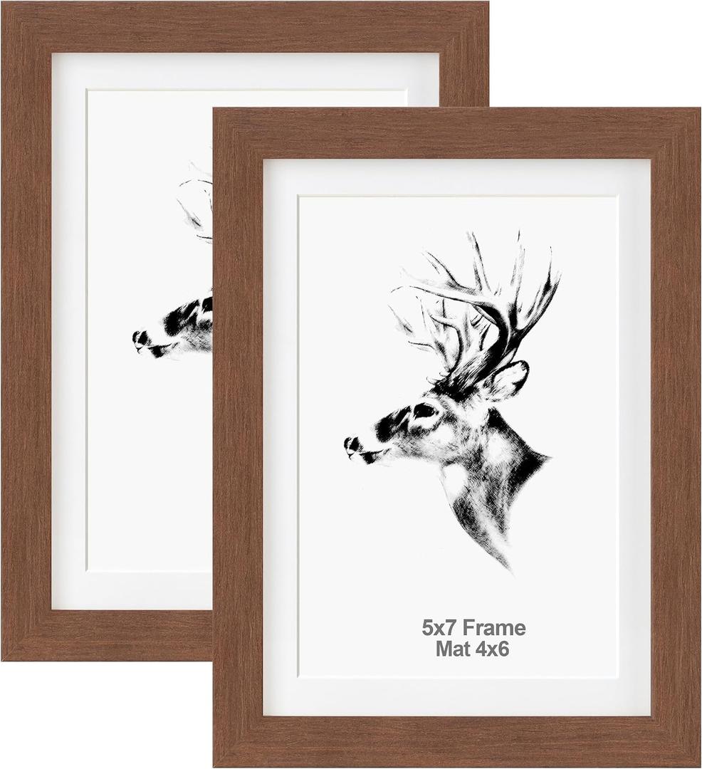 Yaetm 5x7 Picture Frame with Mat for 4x6 Set of 2, Walnut Brown, Solid Wood Photo Frames 5x7 with Tempered Glass, Display on Tabletop or Wall Mounting (2 pack, Walnut)